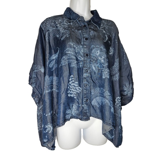 Chico's Tops - Chicos Lyocell Chambray Top S M Blue Floral Boho Oversized Flowy